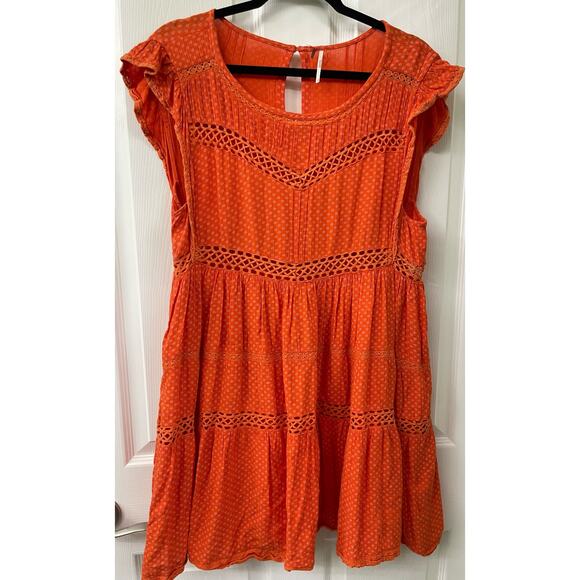 Free People small orange Retro Kitty Crochet Trim Mini Babydoll Tangerine Dress - Picture 2 of 7